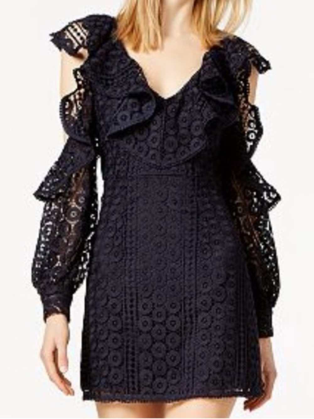 French Connection Black Lace Ruffle Cold-Shoulder Mini Dress